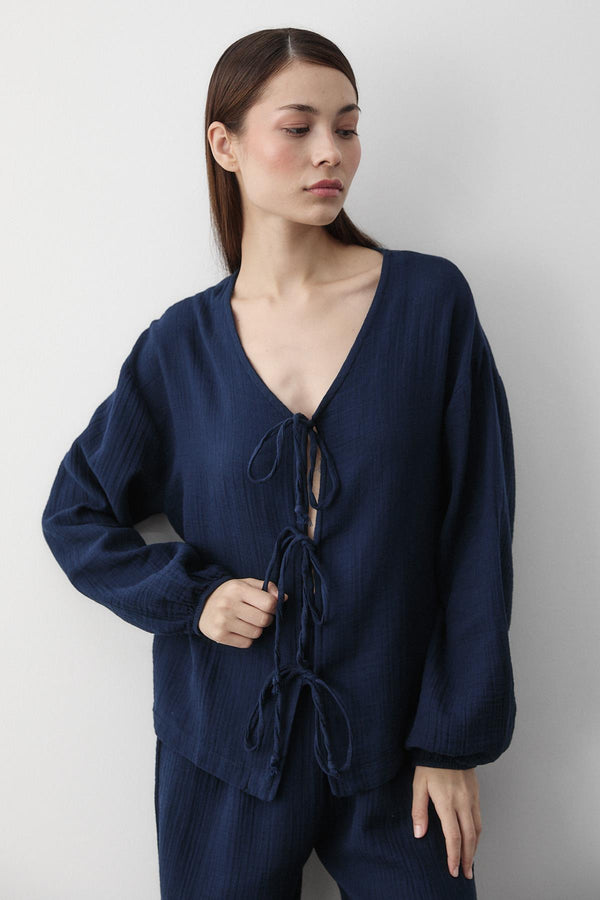 Lacivert %100 Pamuk Bağlamalı Bluz Pantolon Takım