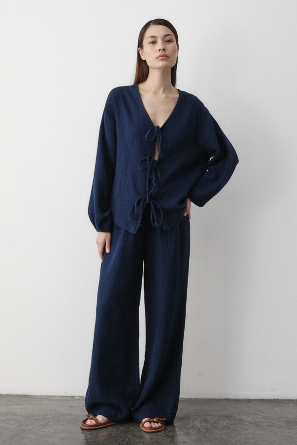 Lacivert %100 Pamuk Bağlamalı Bluz Pantolon Takım