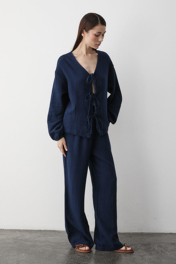 Lacivert %100 Pamuk Bağlamalı Bluz Pantolon Takım