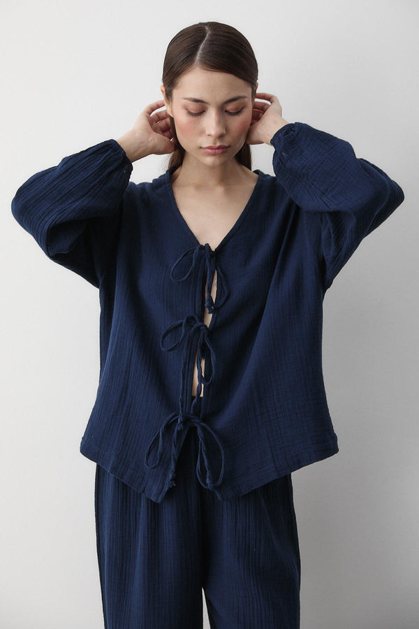 Lacivert %100 Pamuk Bağlamalı Bluz Pantolon Takım