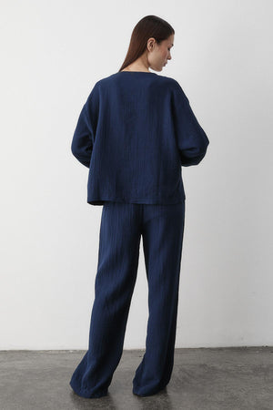 Lacivert %100 Pamuk Bağlamalı Bluz Pantolon Takım