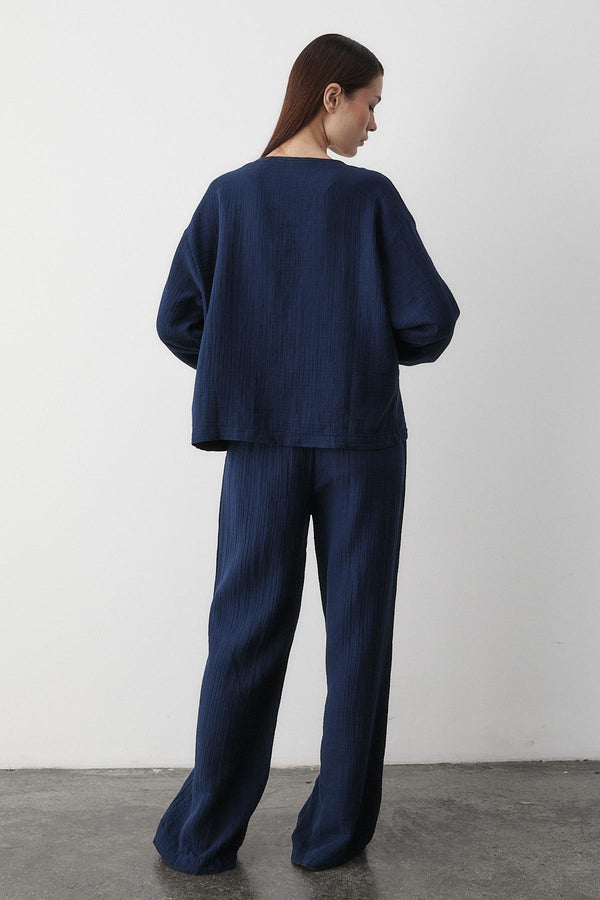 Lacivert %100 Pamuk Bağlamalı Bluz Pantolon Takım