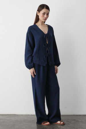 Lacivert %100 Pamuk Bağlamalı Bluz Pantolon Takım