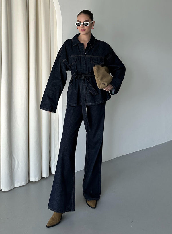 Lacivert Bağlamalı Denim Ceket Pantolon Takım