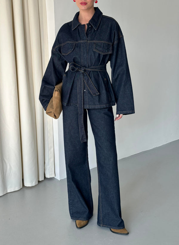 Lacivert Bağlamalı Denim Ceket Pantolon Takım