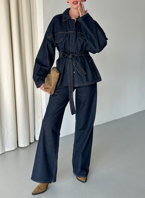 Lacivert Bağlamalı Denim Ceket Pantolon Takım