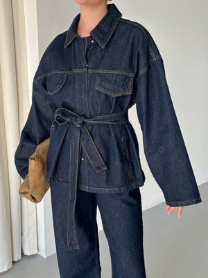 Lacivert Bağlamalı Denim Ceket Pantolon Takım