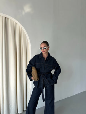 Lacivert Bağlamalı Denim Ceket Pantolon Takım