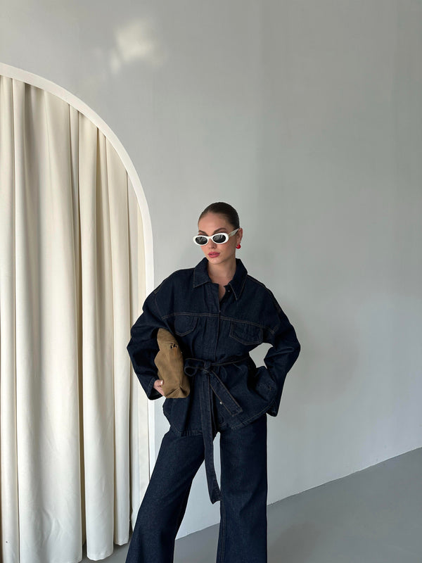 Lacivert Bağlamalı Denim Ceket Pantolon Takım