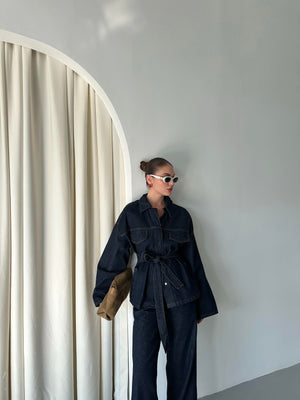 Lacivert Bağlamalı Denim Ceket Pantolon Takım