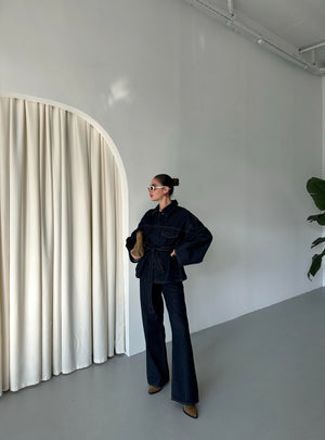 Lacivert Bağlamalı Denim Ceket Pantolon Takım