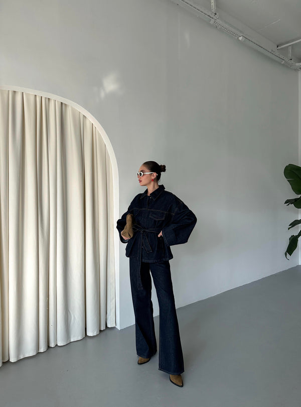 Lacivert Bağlamalı Denim Ceket Pantolon Takım