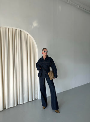 Lacivert Bağlamalı Denim Ceket Pantolon Takım