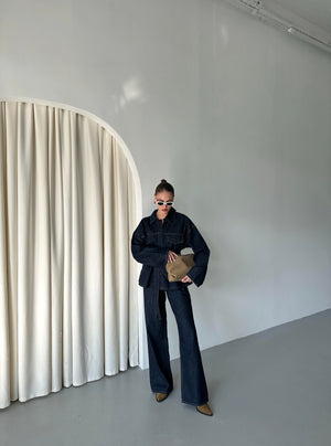 Lacivert Bağlamalı Denim Ceket Pantolon Takım