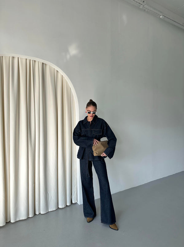 Lacivert Bağlamalı Denim Ceket Pantolon Takım