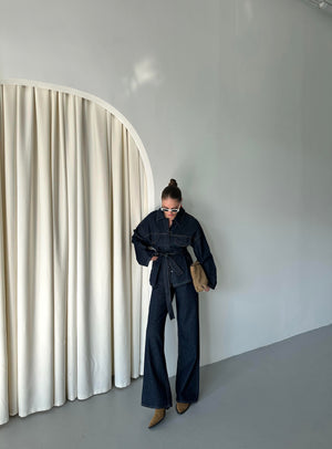 Lacivert Bağlamalı Denim Ceket Pantolon Takım