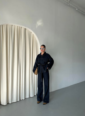 Lacivert Bağlamalı Denim Ceket Pantolon Takım