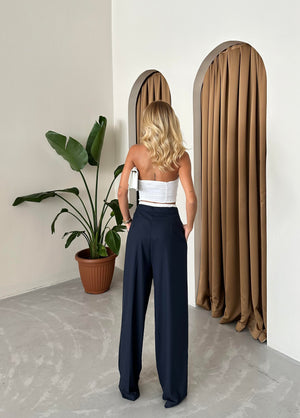 Lacivert Bel Bantı Detaylı Yan Fermuarlı Pantolon