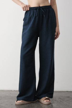 Lacivert Beli Lastikli Bol Paça Pantolon