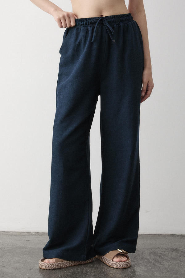 Lacivert Beli Lastikli Bol Paça Pantolon