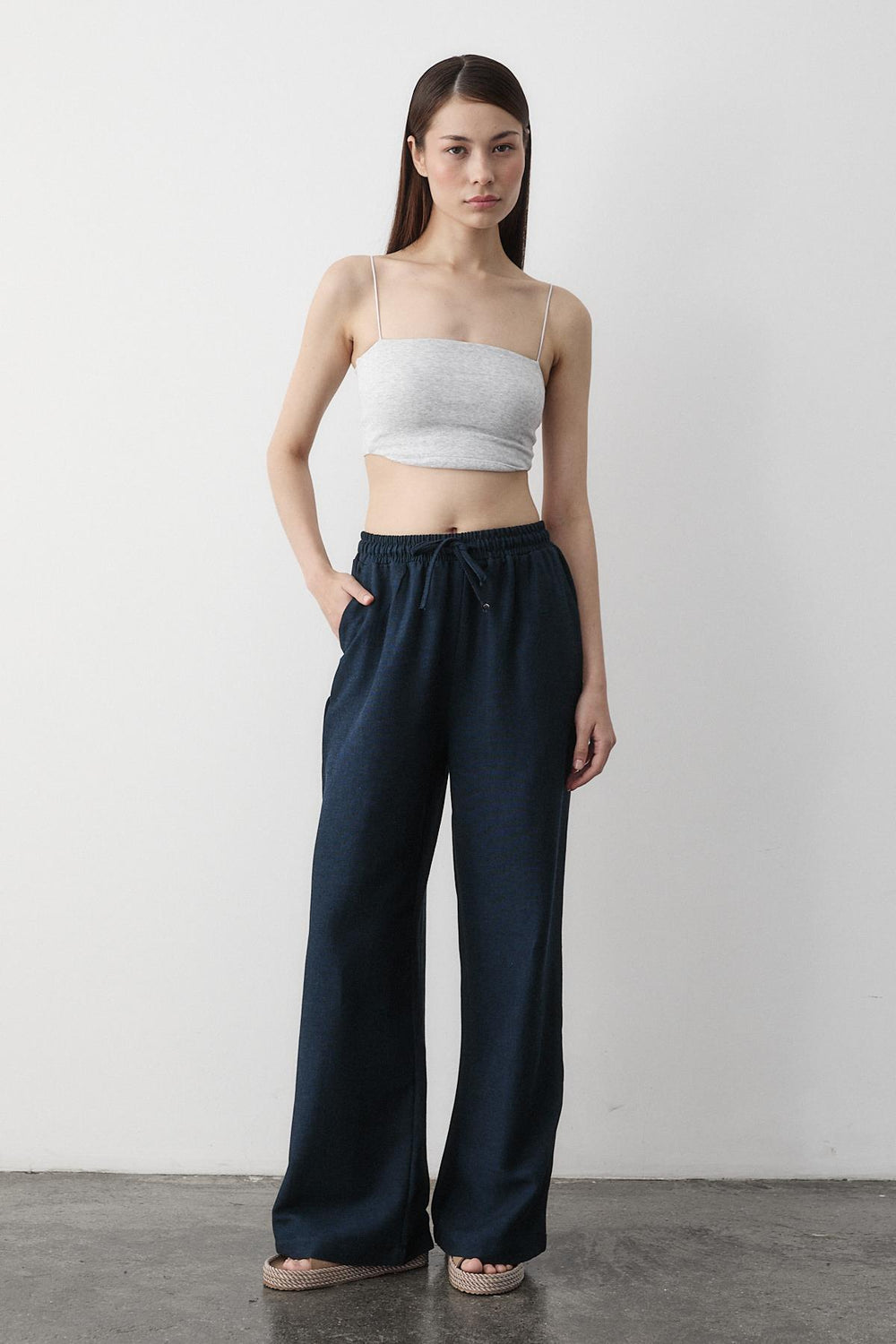 Lacivert Beli Lastikli Bol Paça Pantolon