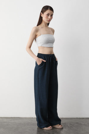 Lacivert Beli Lastikli Bol Paça Pantolon