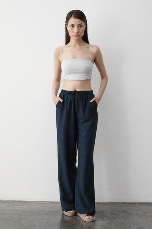 Lacivert Beli Lastikli Bol Paça Pantolon