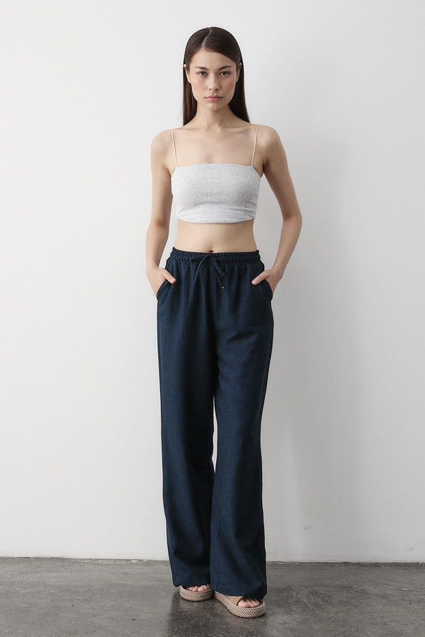 Lacivert Beli Lastikli Bol Paça Pantolon