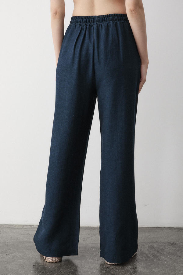 Lacivert Beli Lastikli Bol Paça Pantolon