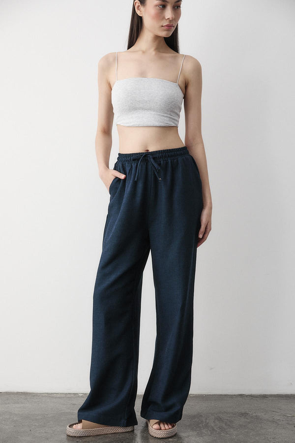 Lacivert Beli Lastikli Bol Paça Pantolon
