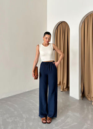 Lacivert Beli Lastikli Pamuklu Keten Pantolon