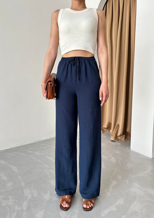 Lacivert Beli Lastikli Pamuklu Keten Pantolon
