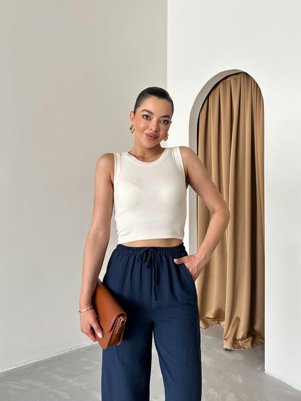 Lacivert Beli Lastikli Pamuklu Keten Pantolon