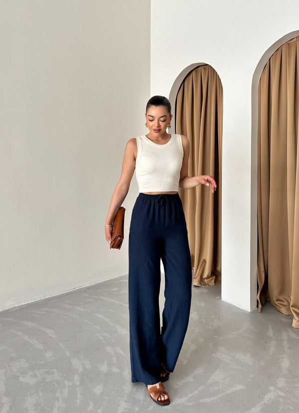 Lacivert Beli Lastikli Pamuklu Keten Pantolon