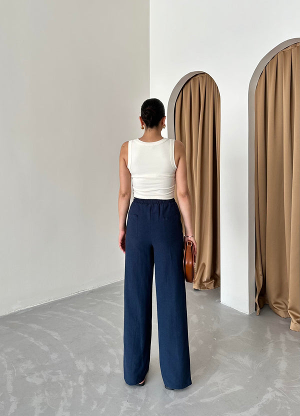 Lacivert Beli Lastikli Pamuklu Keten Pantolon