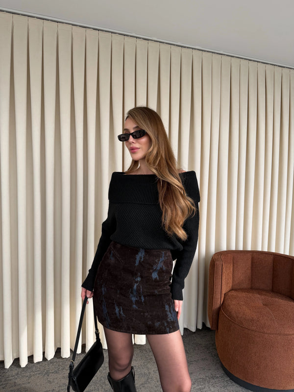 Lacivert - Kahverengi Flok Baskılı Etek - 261002