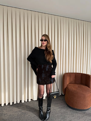 Lacivert - Kahverengi Flok Baskılı Etek - 261002