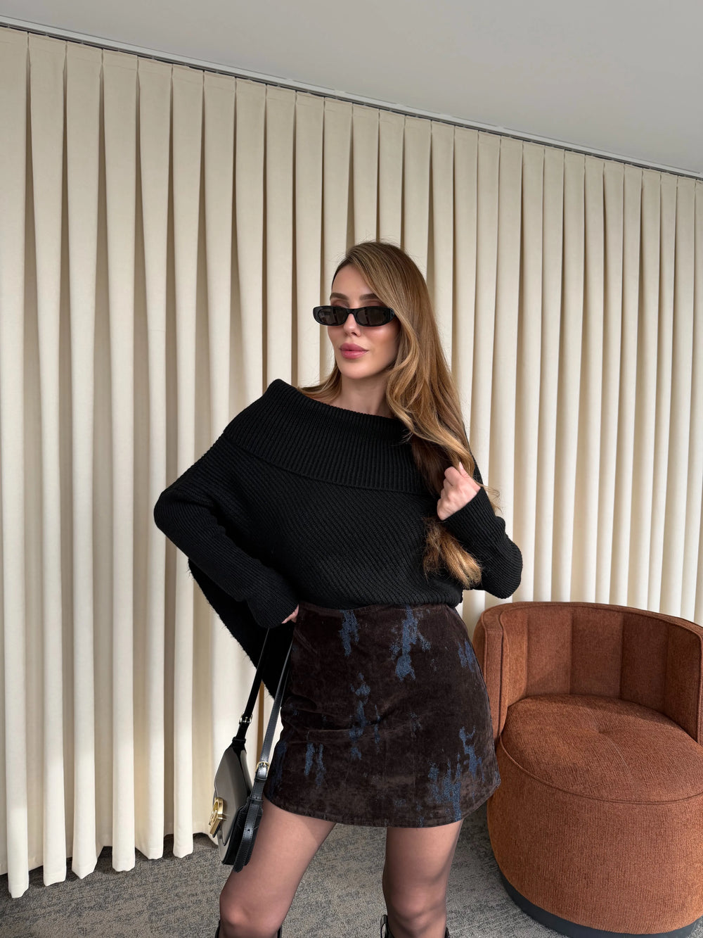 Lacivert - Kahverengi Flok Baskılı Etek - 261002