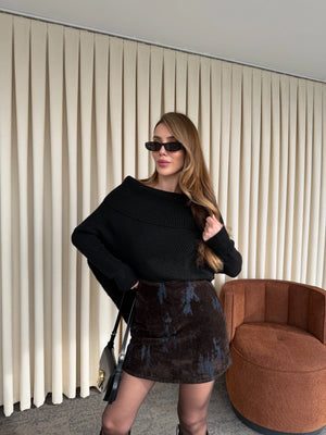 Lacivert - Kahverengi Flok Baskılı Etek - 261002