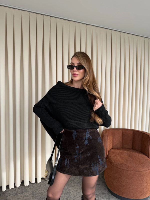 Lacivert - Kahverengi Flok Baskılı Etek - 261002