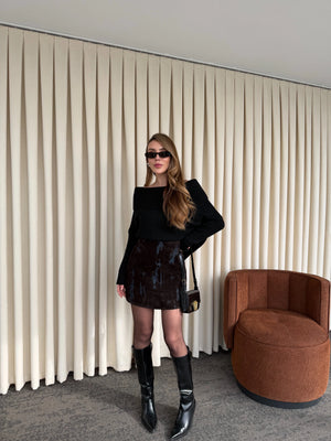 Lacivert - Kahverengi Flok Baskılı Etek - 261002