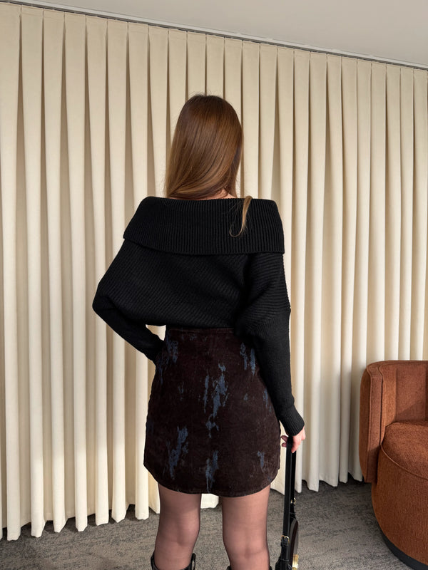 Lacivert - Kahverengi Flok Baskılı Etek - 261002