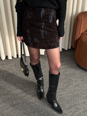 Lacivert - Kahverengi Flok Baskılı Etek - 261002