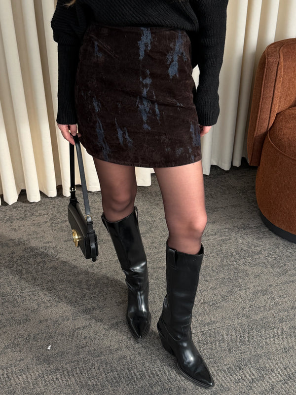 Lacivert - Kahverengi Flok Baskılı Etek - 261002