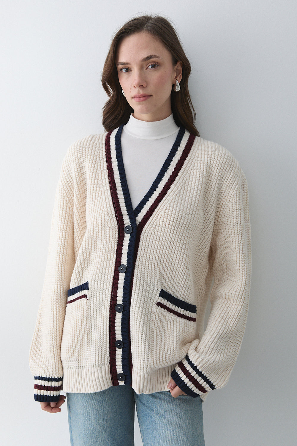 Krem - Bordo Renkli Cepli Hırka - 241143