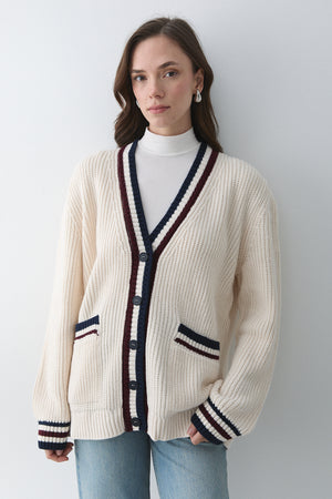 Krem - Bordo Renkli Cepli Hırka - 241143