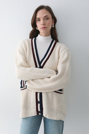 Krem - Bordo Renkli Cepli Hırka - 241143