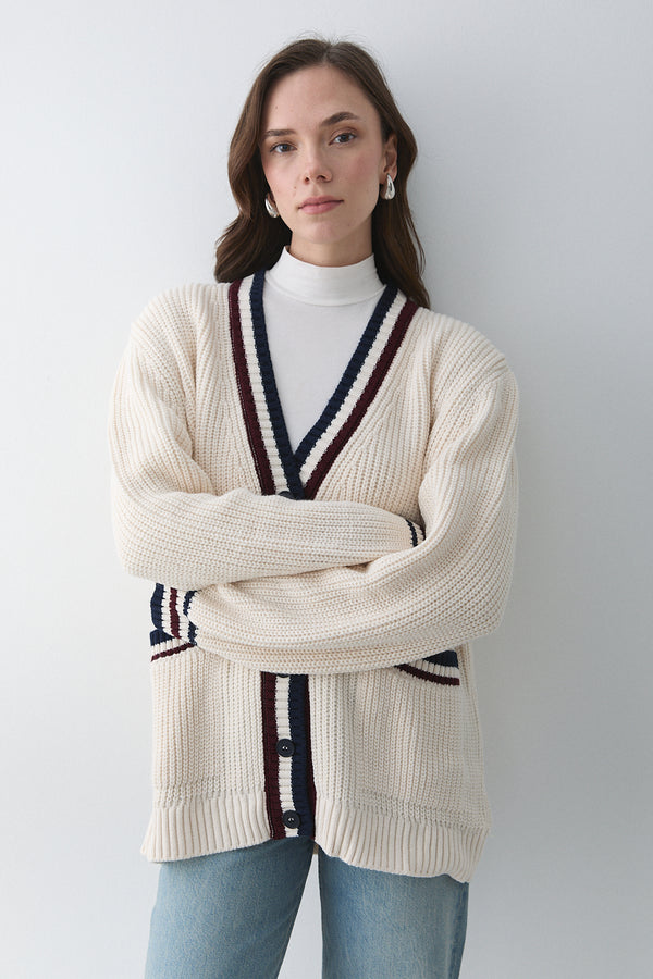 Krem - Bordo Renkli Cepli Hırka - 241143