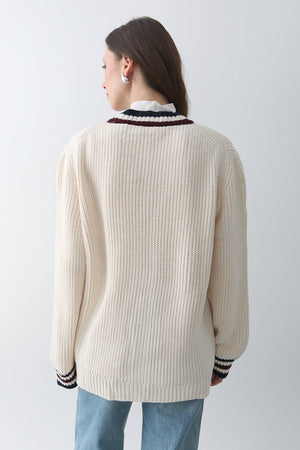 Krem - Bordo Renkli Cepli Hırka - 241143