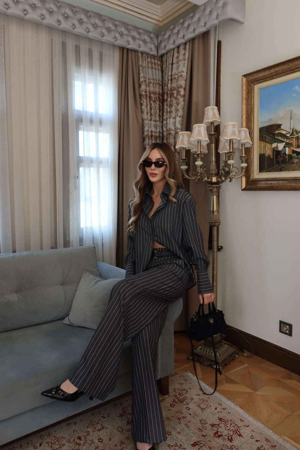 Antrasit Çizgili Vatkalı Gömlek Pantolon Takım - 25251